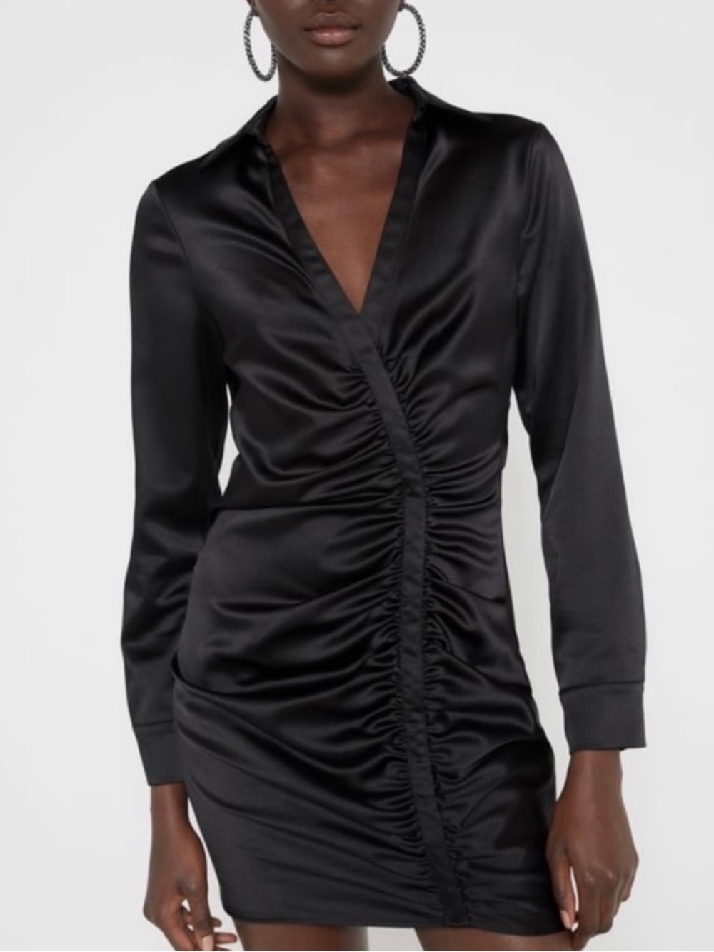 Zara Satin Ruched Long Sleeve Dress in Black